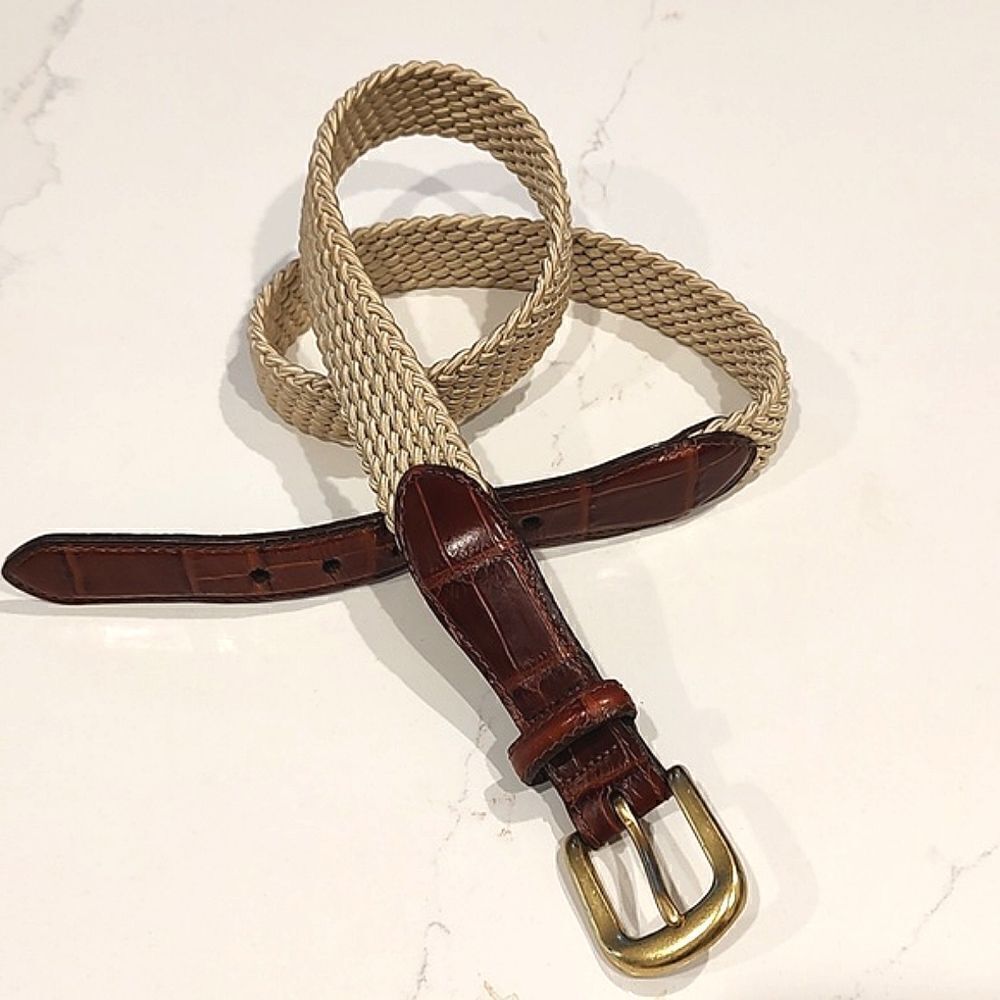 Brighton Tan Woven Web Belt with Croc Embossed Leather and Solid Brass Buckle